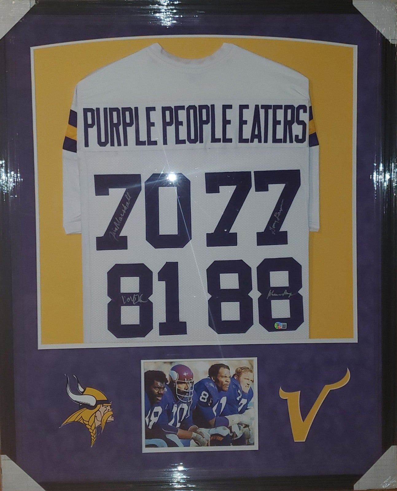 Read Description Purple People Eaters Framed Autographed Jersey with Suede (BAS)