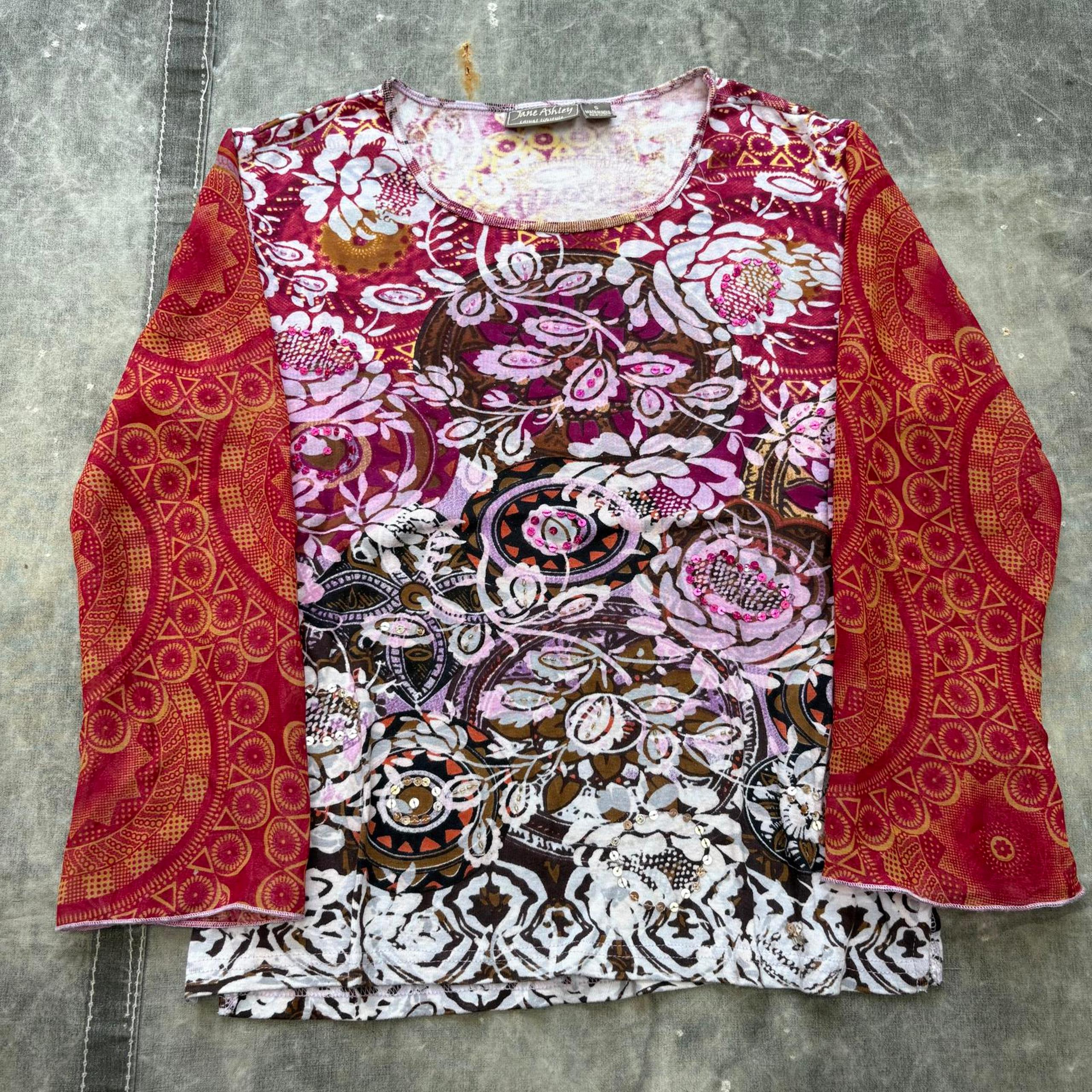 Vintage Y2K AOP Floral Beaded Flared Sheer Long Sleeve Shirt