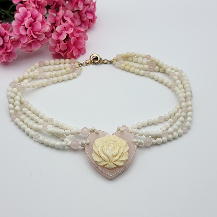 Cream Agate Carved Rose Large Rose Quartz Heart Pendant Beaded Necklace 18.5