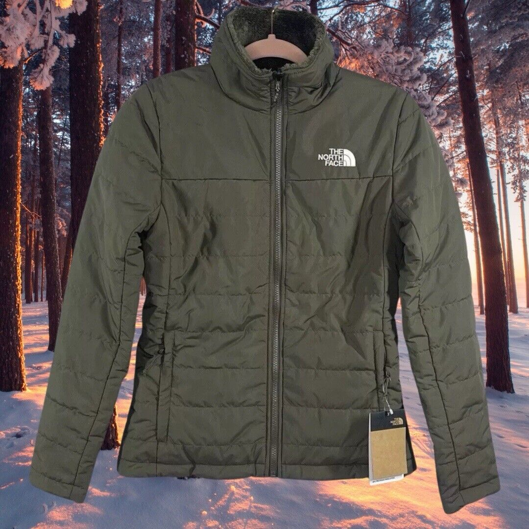 The North Face Jacket Women XS Reversible Green Fleece Puffer Zip Mossbud Cozy