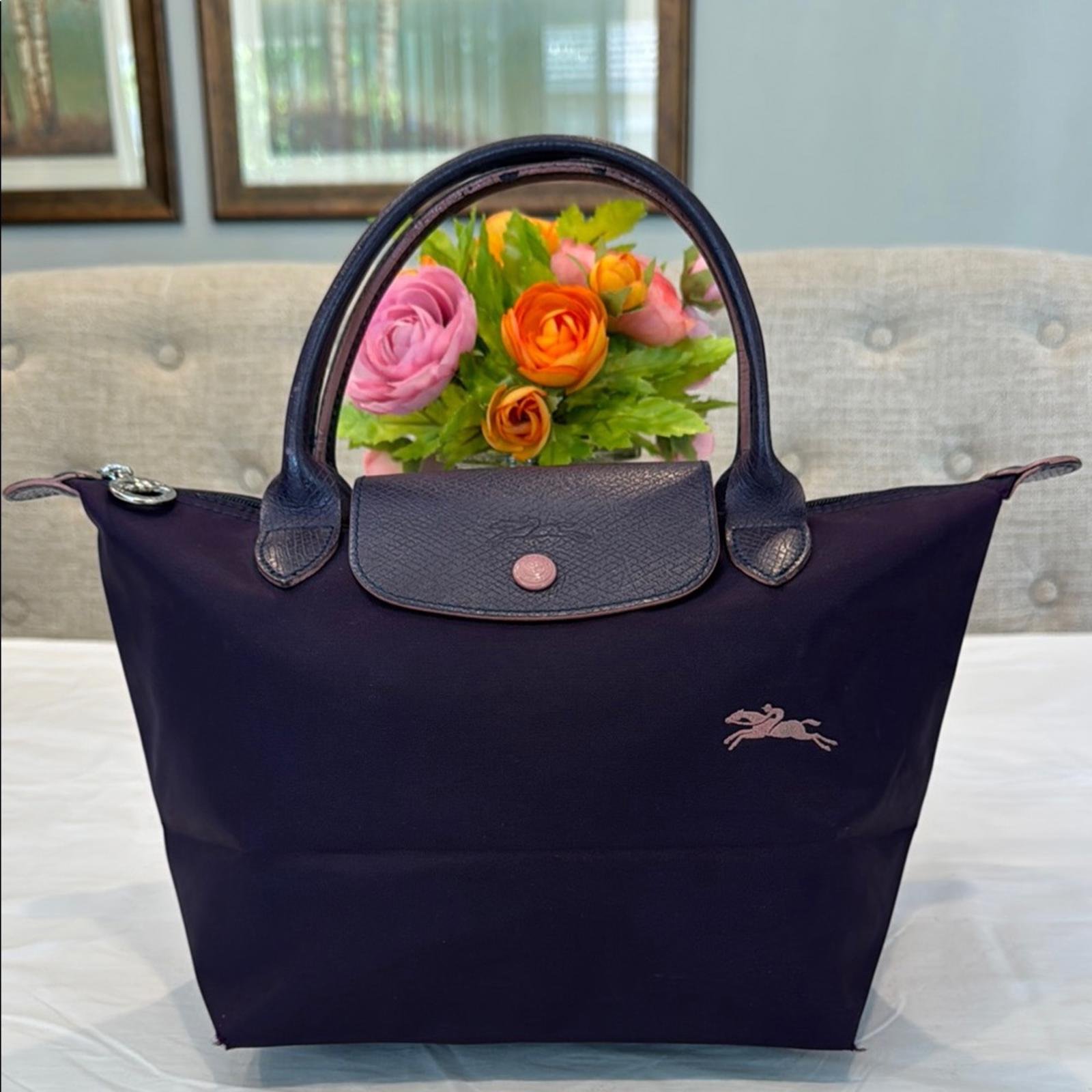 Longchamp Deep Purple Tote with Signature Leather Trim