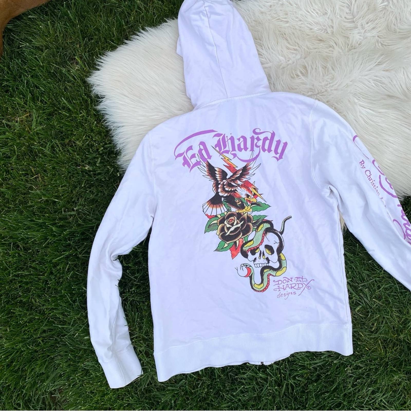 Ed Hardy Y2K Hoodie full-zip Sweatshirt Skull Rose Large
