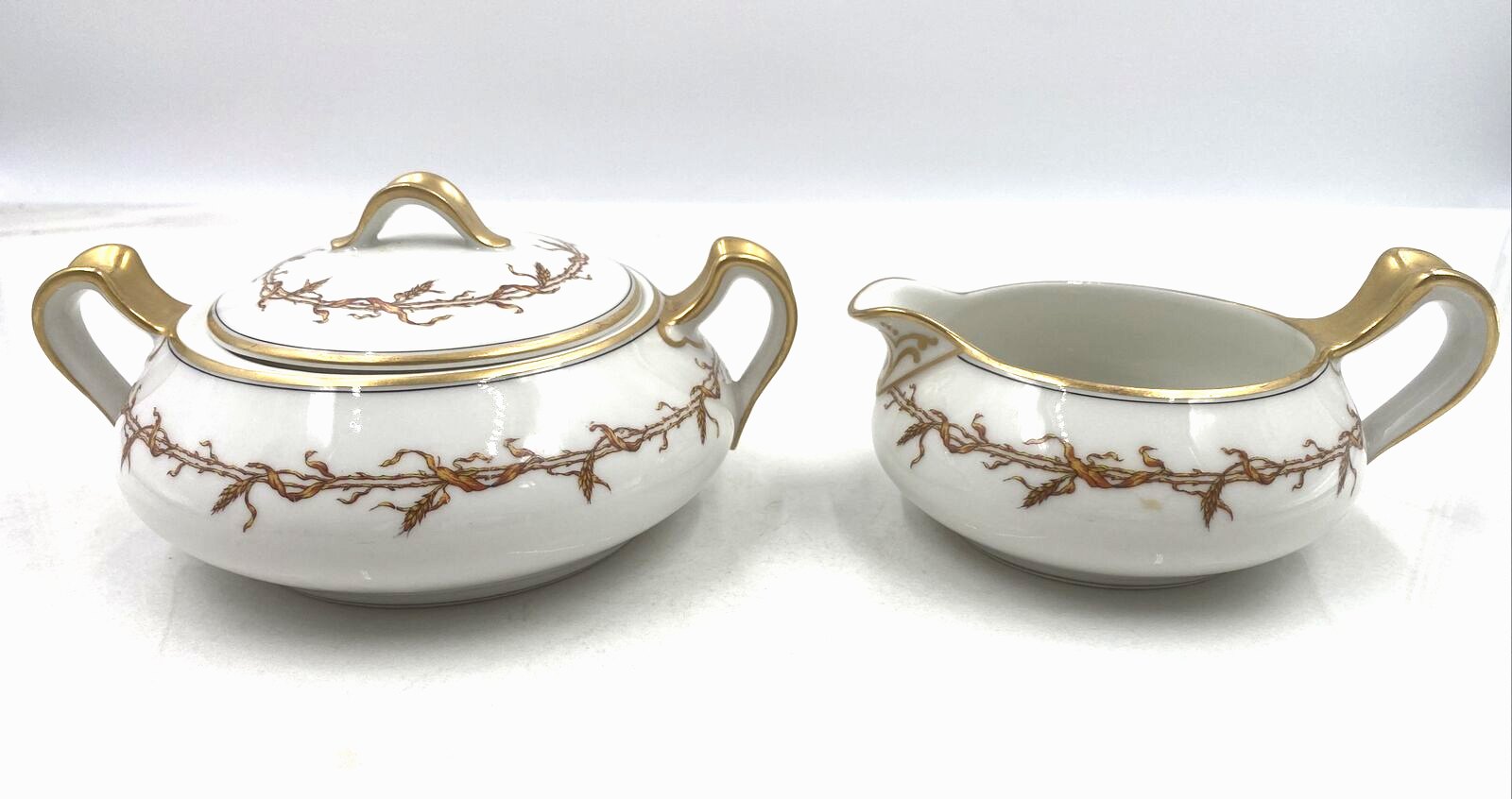 Haviland Limoges France Gold Trim Golden Wheat Garland Handled Creamer Sugar