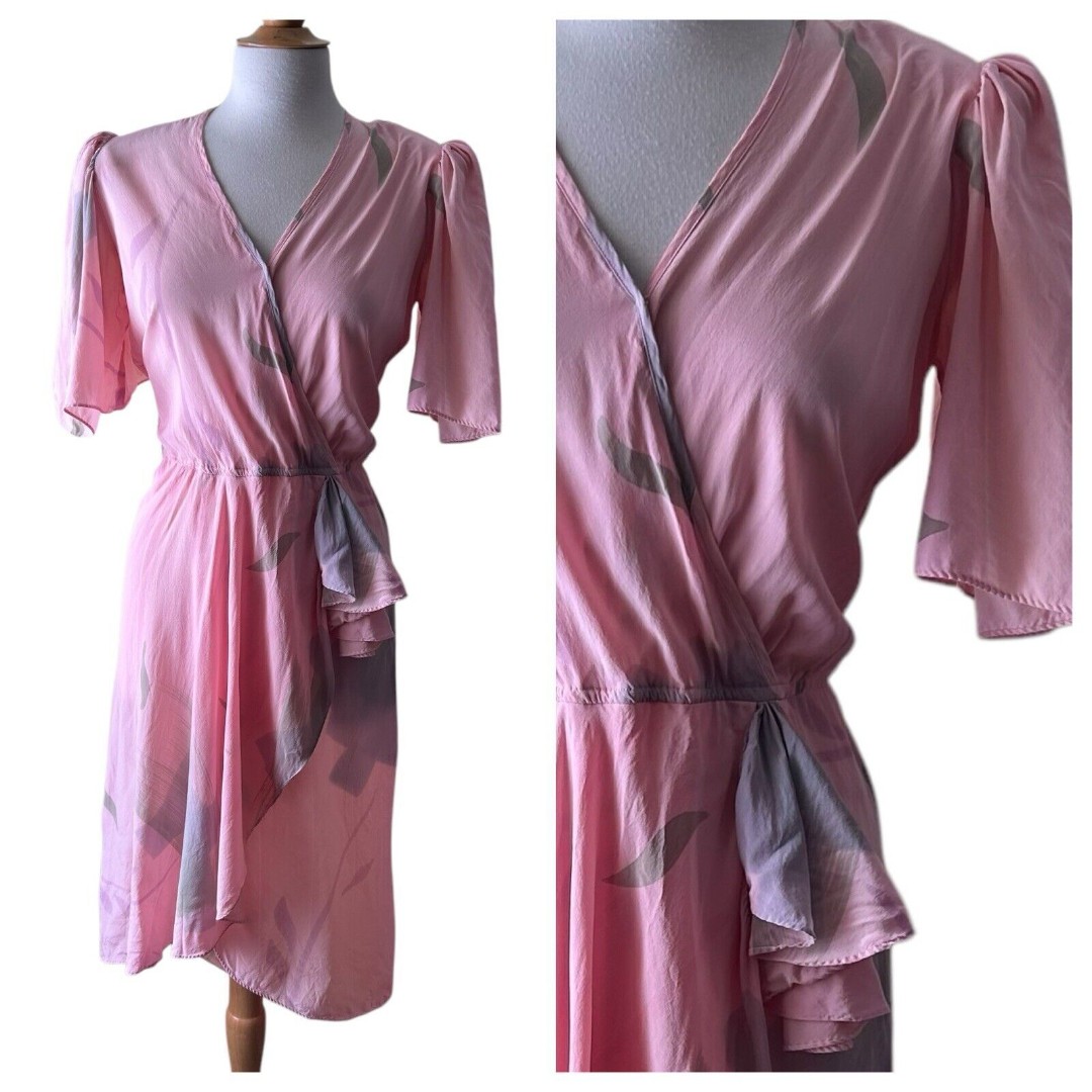 Vintage 1980s Pastel Pink Silk Floral Flutter Sleeve Midi Dress - Medium