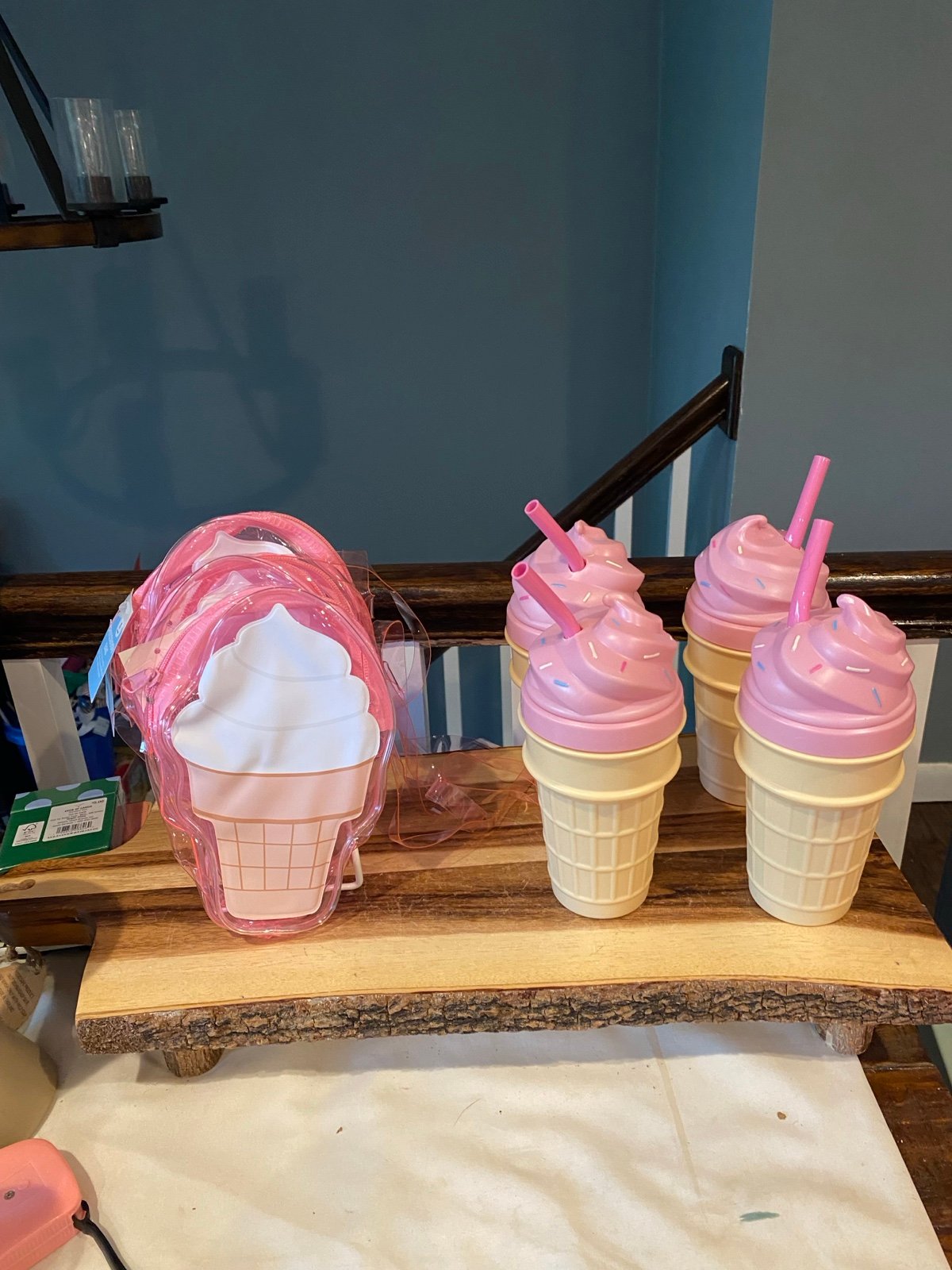Party favors for 4 Pink Ice Cream Crossbody bags & Pink ice cream topper tumbler