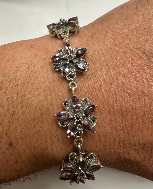 Amethyst and Marcasite 8 inch Bracelet Stamped 925 Sterling Silver Vintage