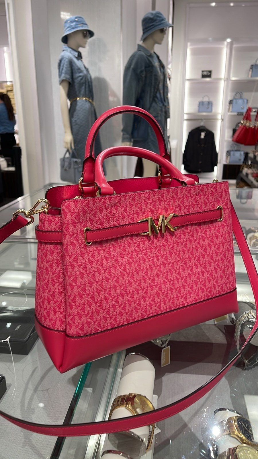 MICHAEL KORS Reed Large Graphic Logo Belted Satchel Electric Pink NWT
