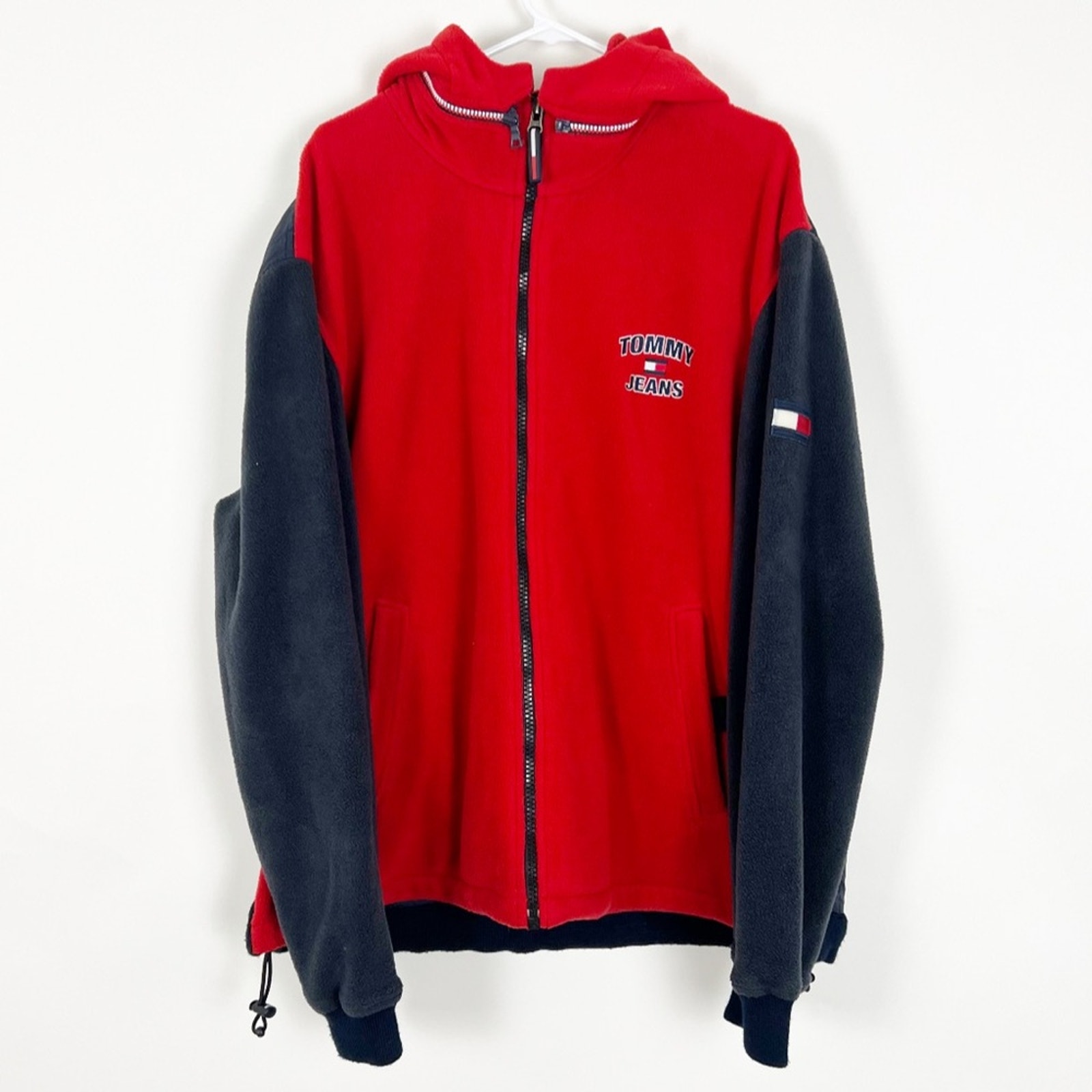 Vintage Tommy Jeans Fleece Puffer Zip Up Hooded Jacket Red Blue Size XXL
