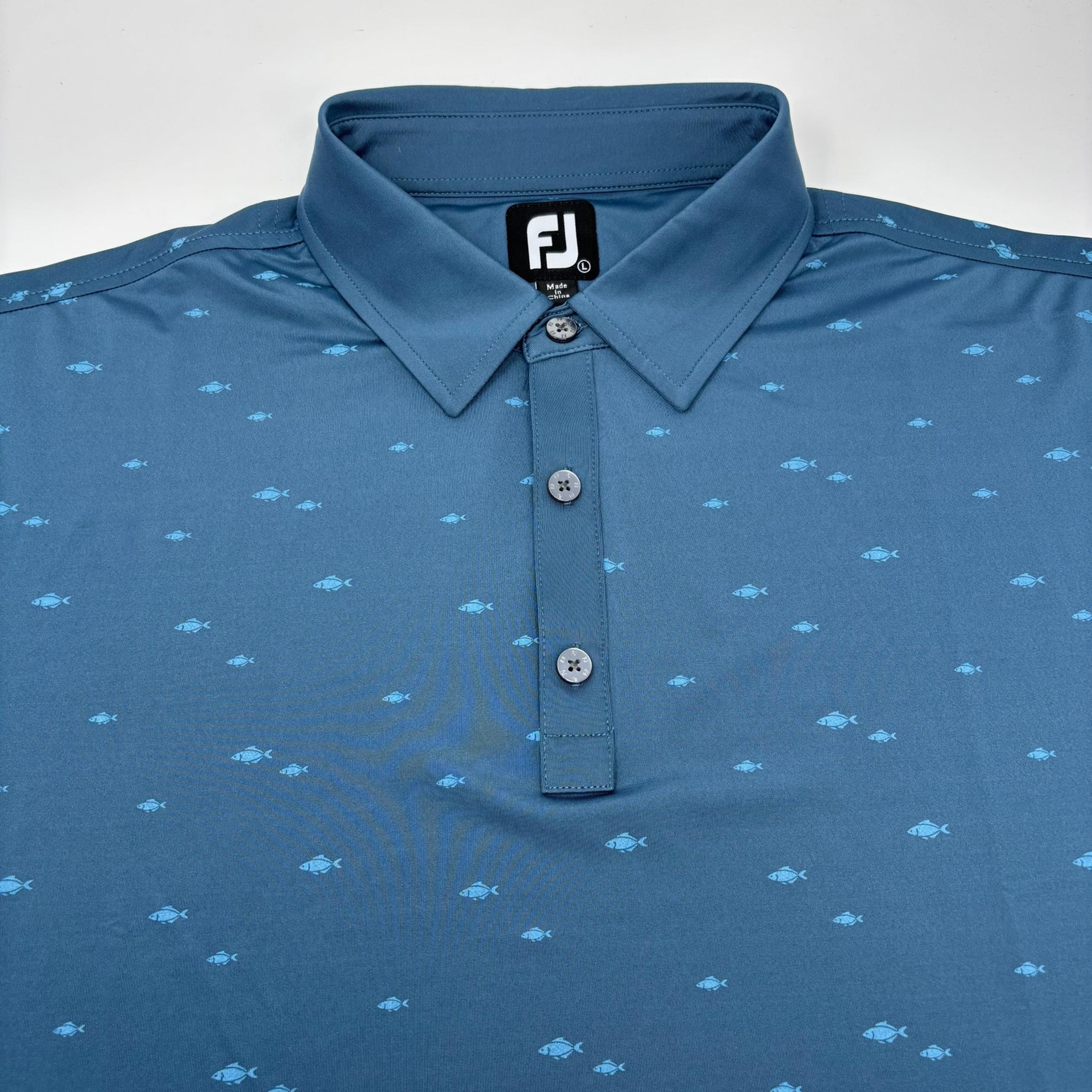 Footjoy Large Solid Blue Fish Patterned Short Sleeve Polo Golf Shirt