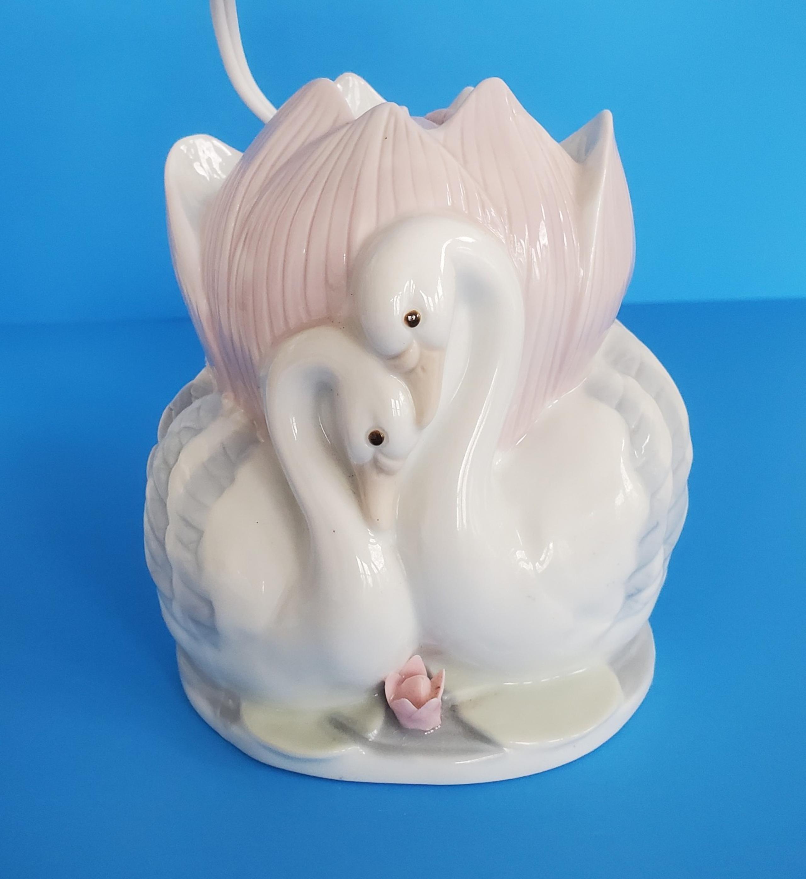 Porcelain Double Swan Lotus Flower Pastel Figurine Electric Nightlight