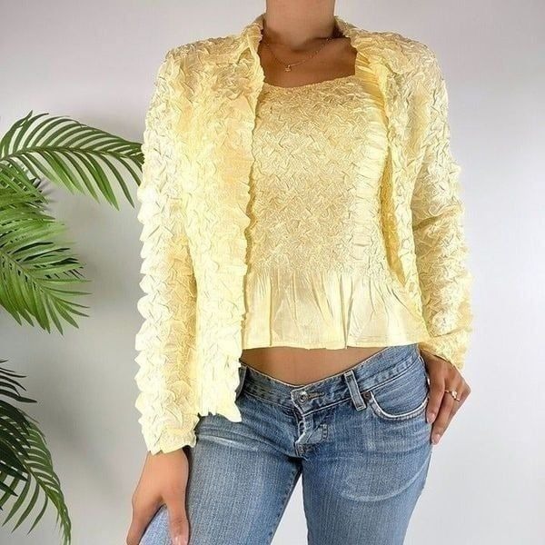 Vintage Y2K Yellow Cottagecore Coquette Cardigan & Crop Tank Top Set / Size: M