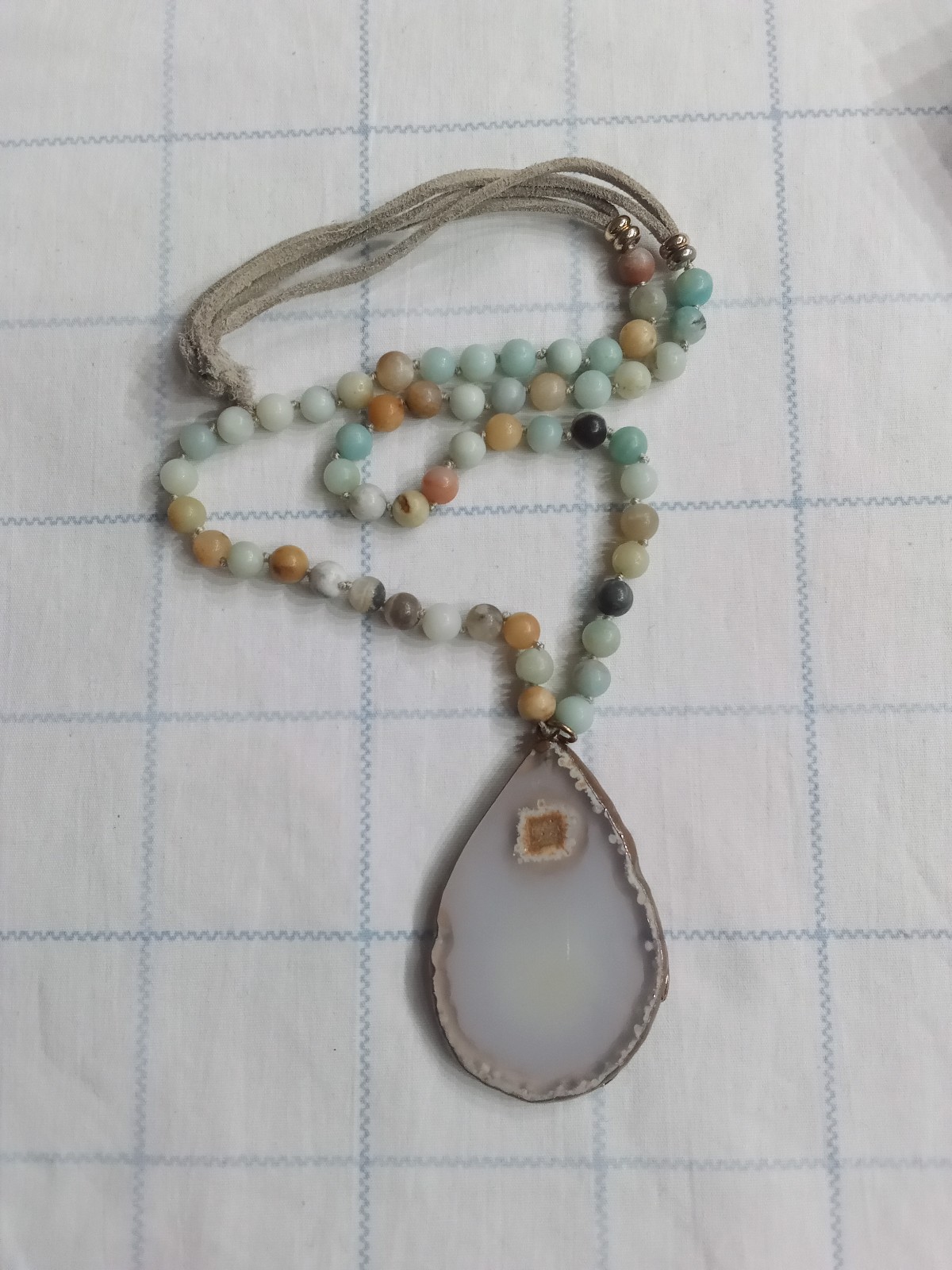 Vintage Copper Rimmed, Agate Geode Pendant, Amazonite & Suede Necklace.