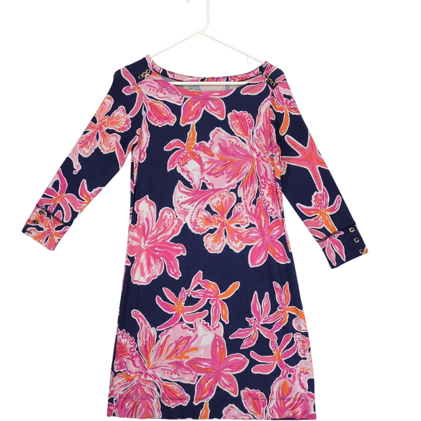 Lilly Pulitzer Sophie Dress Sz S Bright Navy Via Sunny Floral Gold Button Beachy