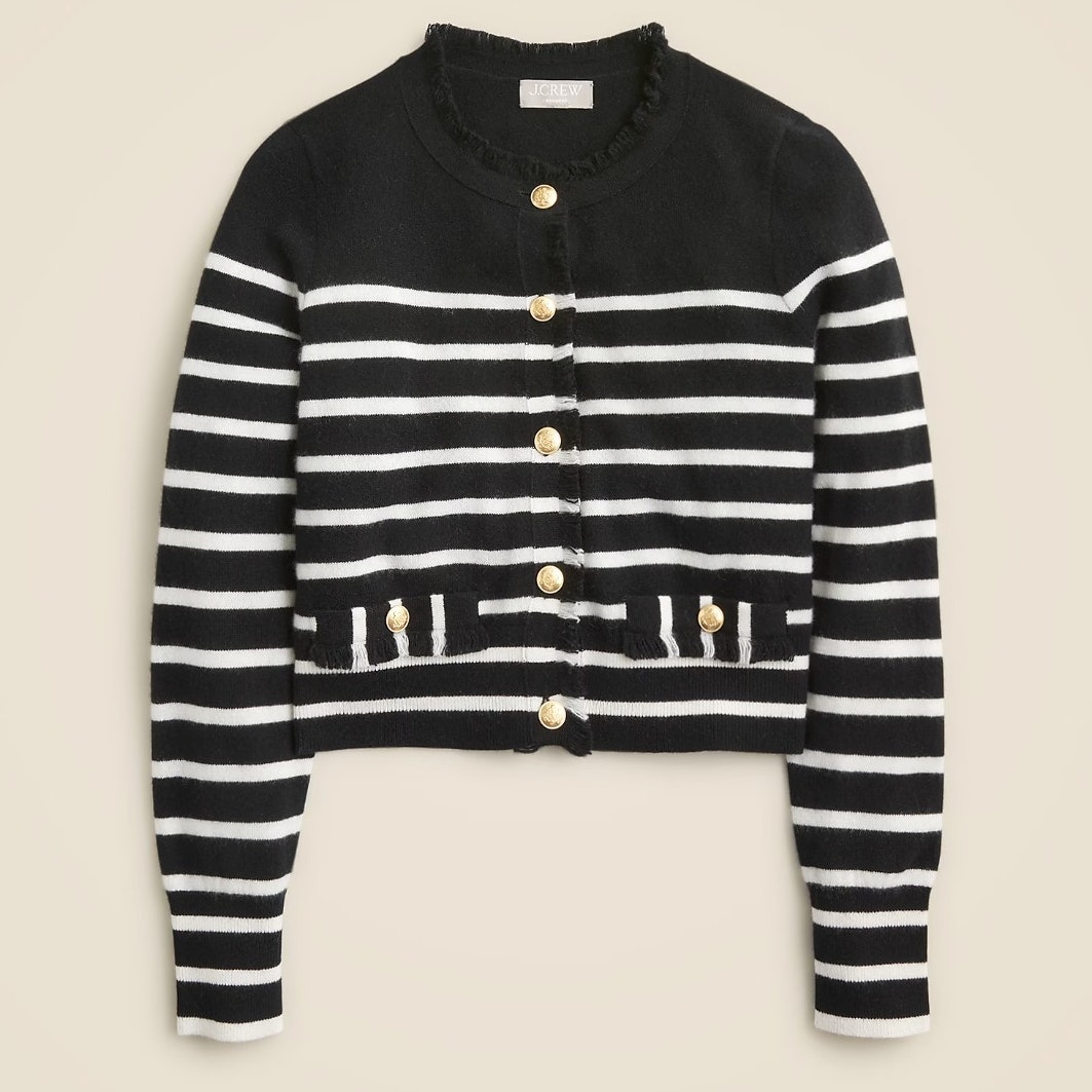 J.Crew Cashmere Fringe Trim Sweater Lady Jacket Striped Preppy Retro Small NWT