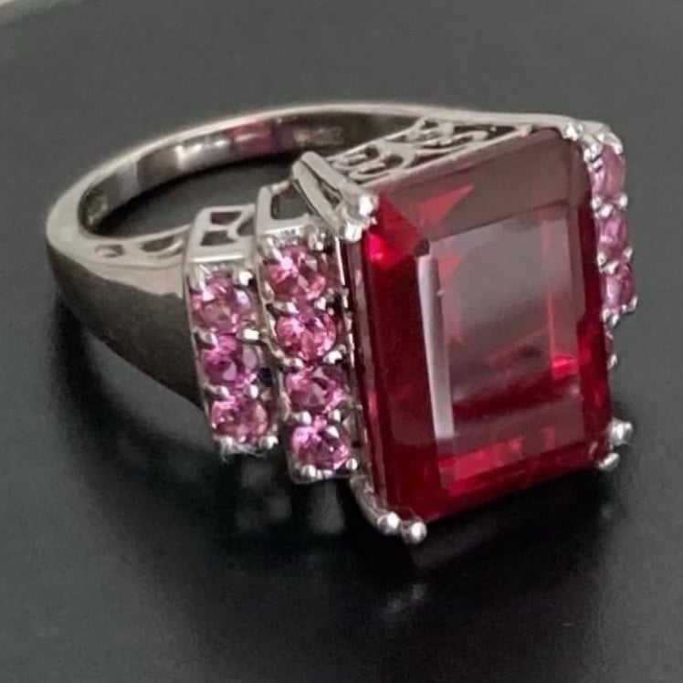 NATURAL RUBY RED QUARTZ AND ORISSA GARNET 925 STERLING SILVER RING Size 7