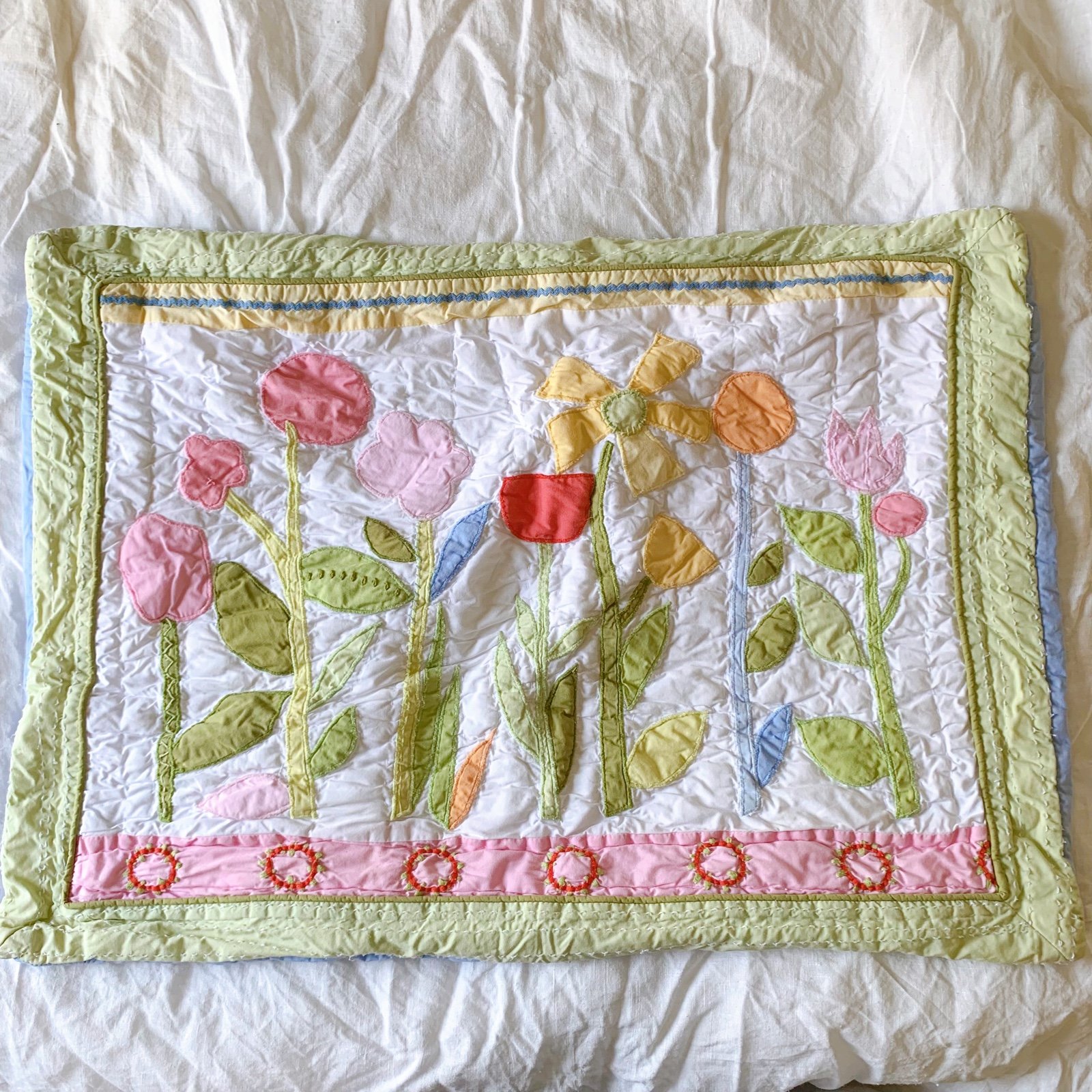 Set of Pottery Barn Kids Quilted Floral Flower Pillow Shams Standard Pink Gree