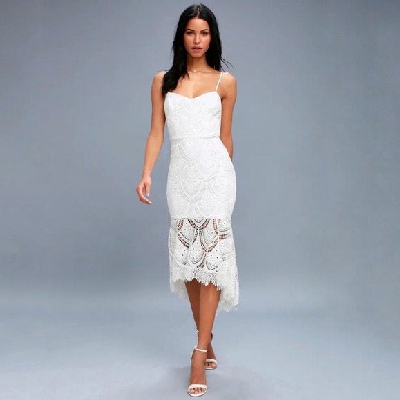 NWT Lulus Pure Passion White Lace Bodycon Midi Dress high-low hem size Large