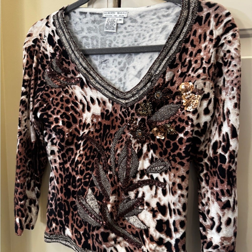 NWT Alberto Makali Medium Animal Print 3/4 Sleeve Top Vintage NWT