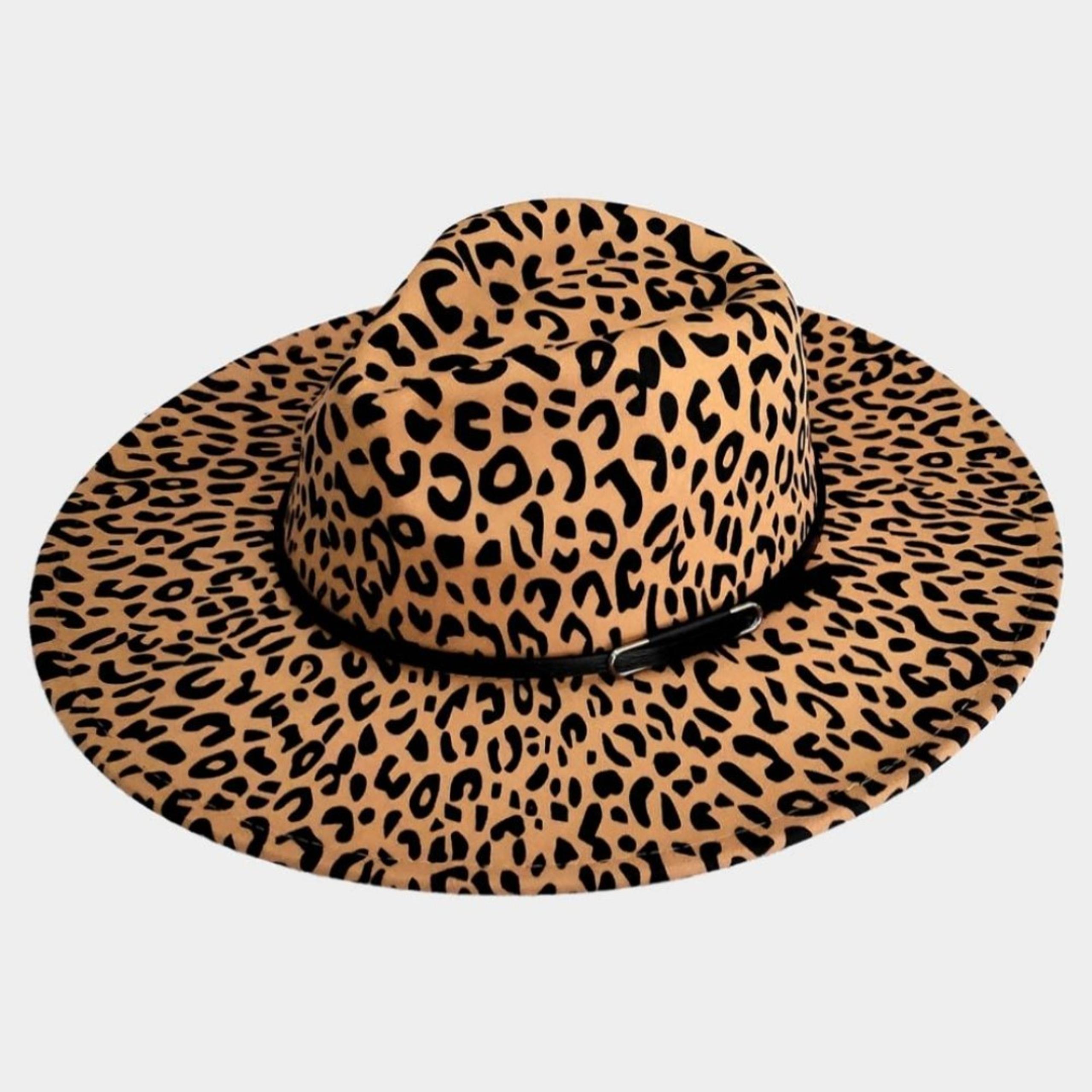 Beige Leopard Print Faux Leather Band Brim Fedora Hat Trend Panama Accessory