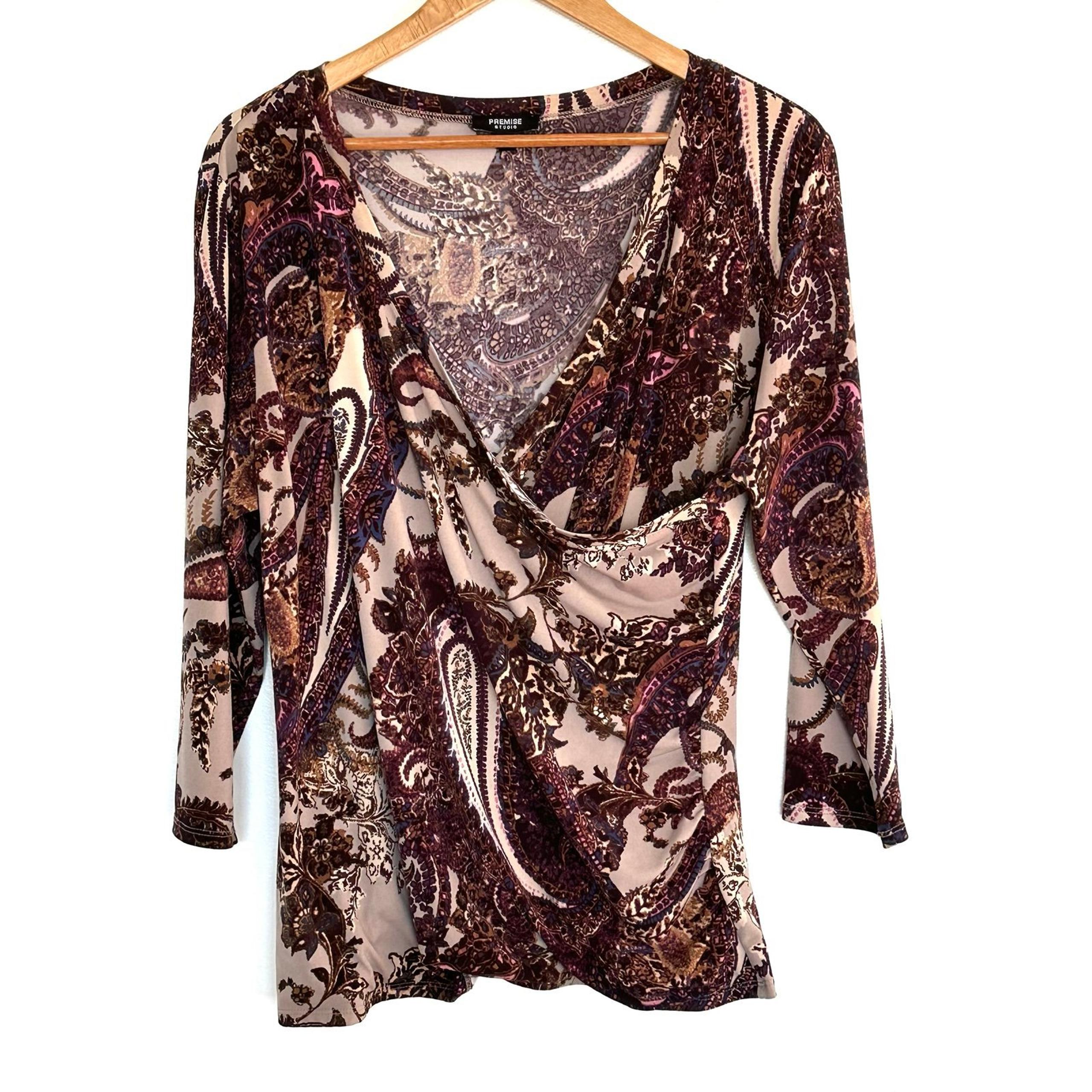 Premise Studio Women’s Shirt XL Paisley 3/4 Sleeve V Neck Pullover Blouse Top