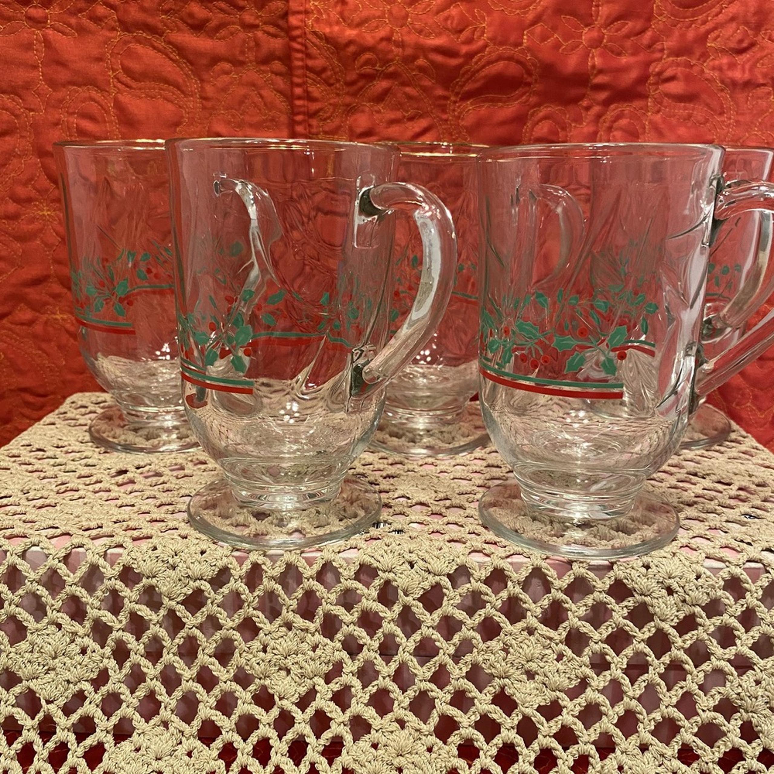 Libbey Christmas Holly and Ribbon Irish Coffee or Tea Glass Mug Cup Set of 5