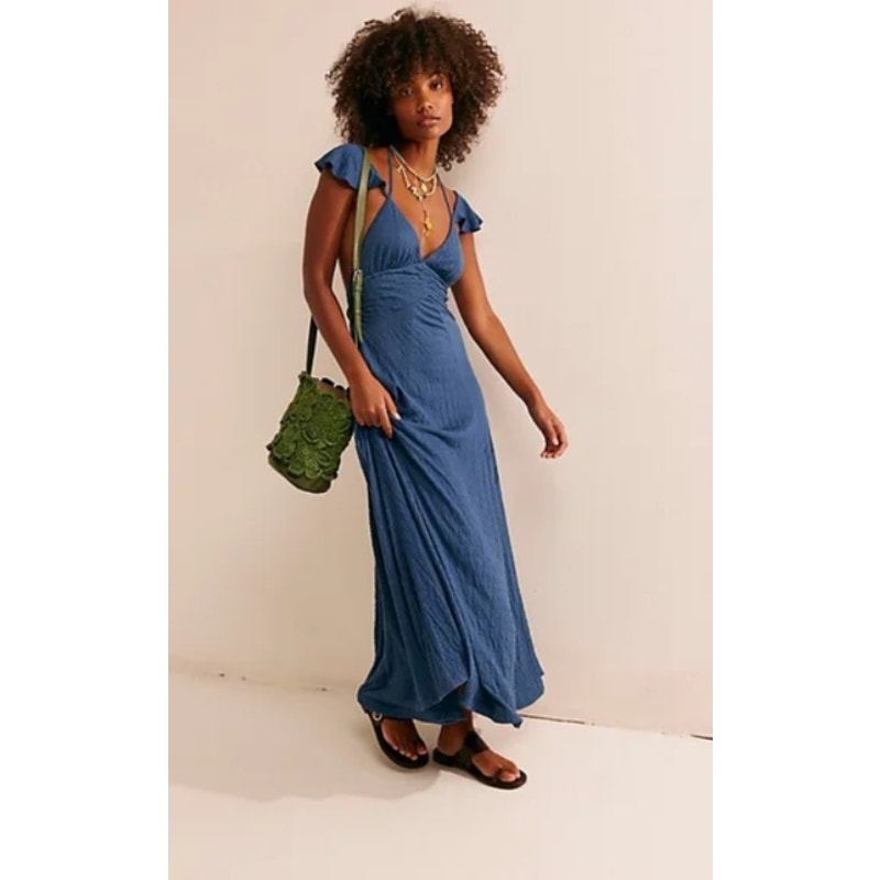 Free People FP Beach LOUISA Halter Strappy Maxi Dress Dark Denim Blue S NWOT 98