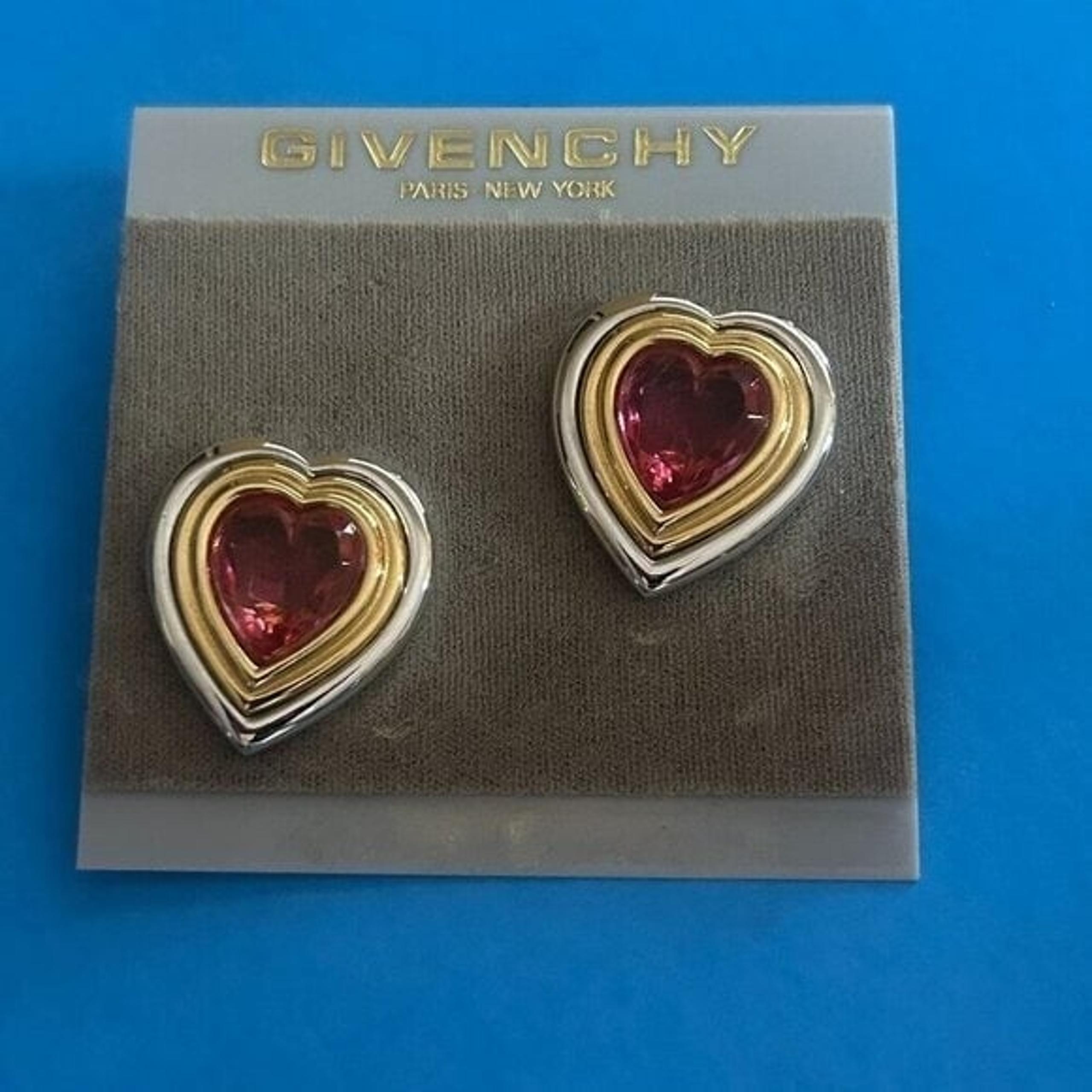 Givenchy Vintage Pink Faceted Gold and Silver Framed Heart Clip Earrings Carded
