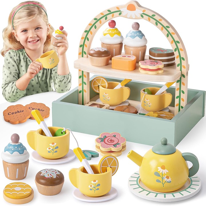 Wooden Tea Party Set with Storage Cupcake Stand Educational Toys