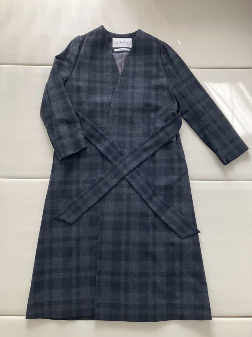 Martinique Check Pattern Wrap Long Coat Gray