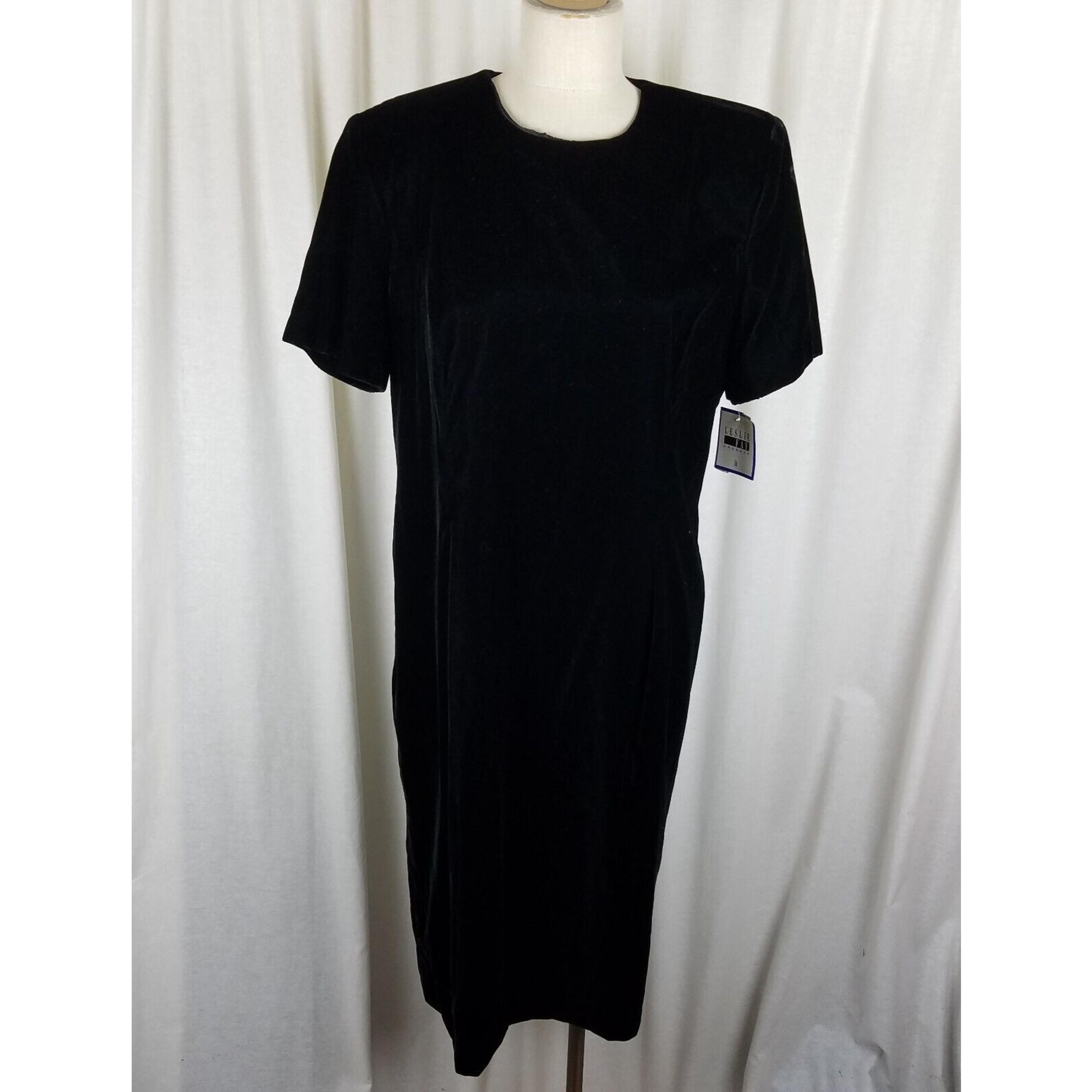 Vintage Leslie Fay Dresses Black Velvet Midi Dress Womens 16 80s Shoulder Pads