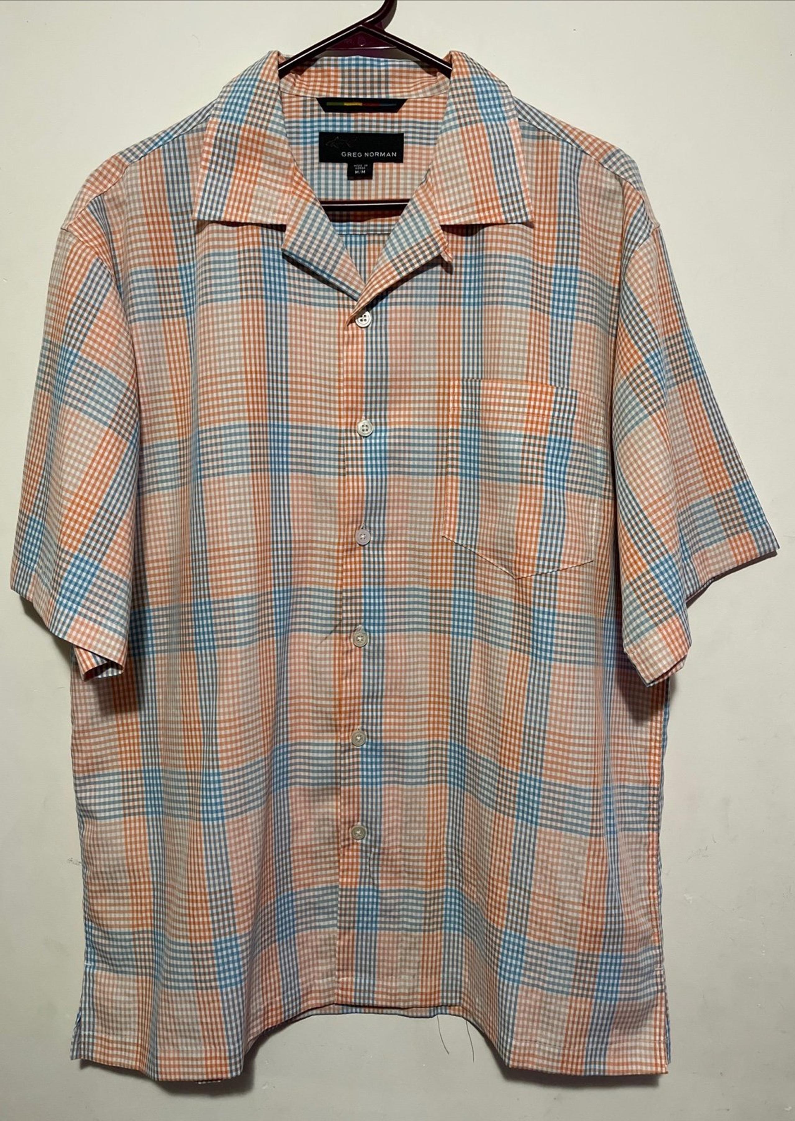 Greg Norman Button Up Shirt Size M Orange BluePlaid Linen Short Sleeve Logo Mens