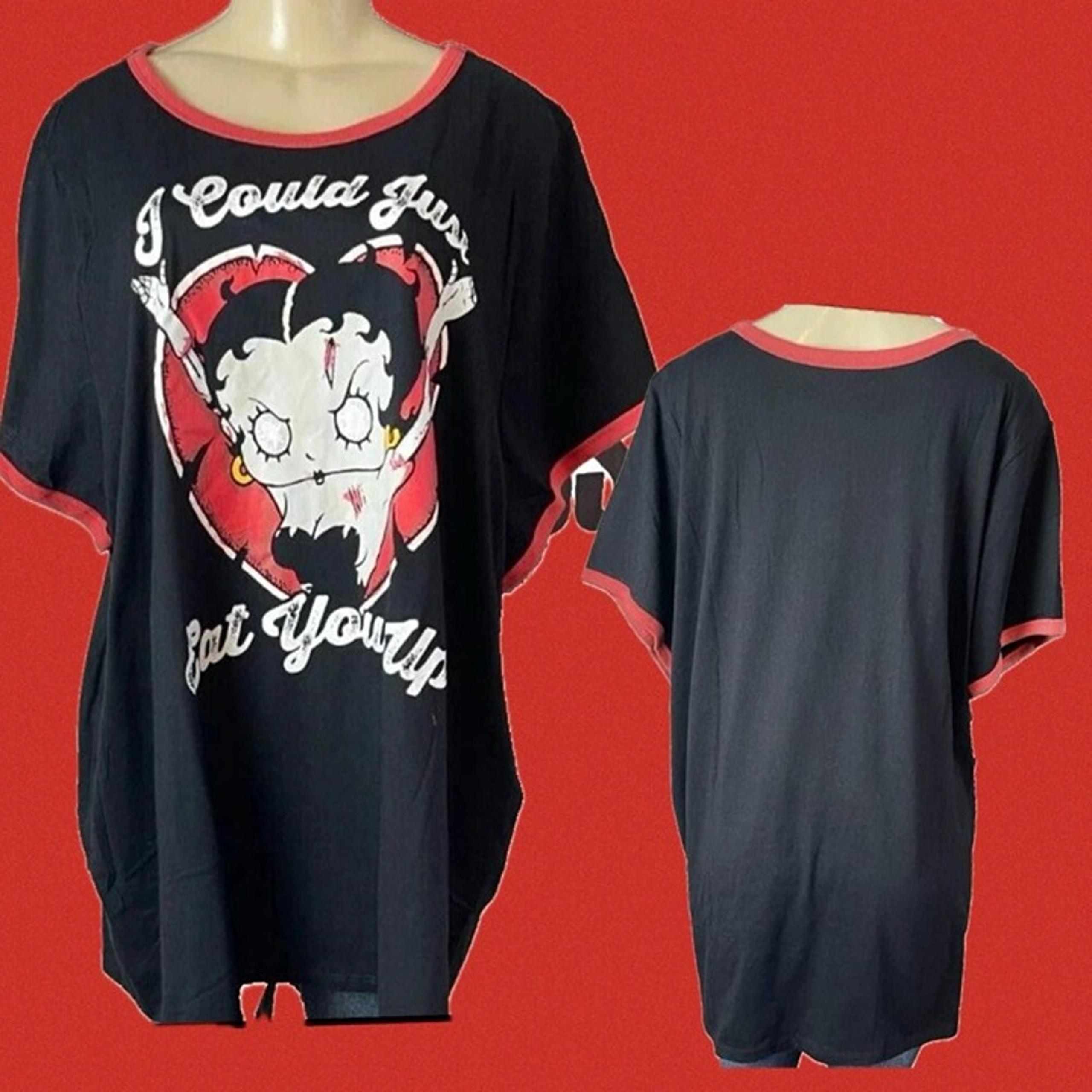 Betty Boop +6 Black Heart Text Graphic Contrast Trim Crew Neck Short Sleeve Tee