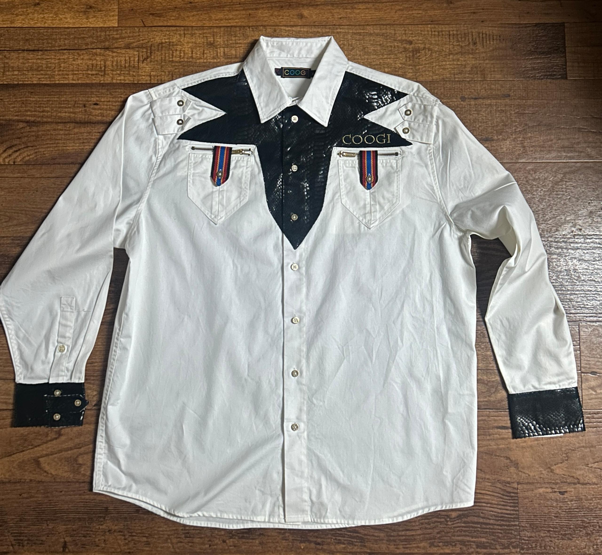 ~ Men's X-Large ~ White W/Black Leather Embroidery Patch ~ Western Shirt - COOGI