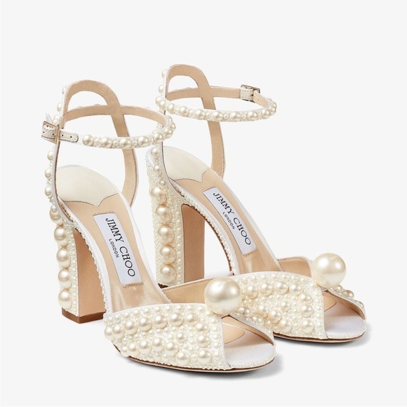 パーティーシューズ JIMMY CHOO SACARIA100 SATIN W ALL OVER WHITE Saracria 120 embellished satin sandals in white - Jimmy Choo
