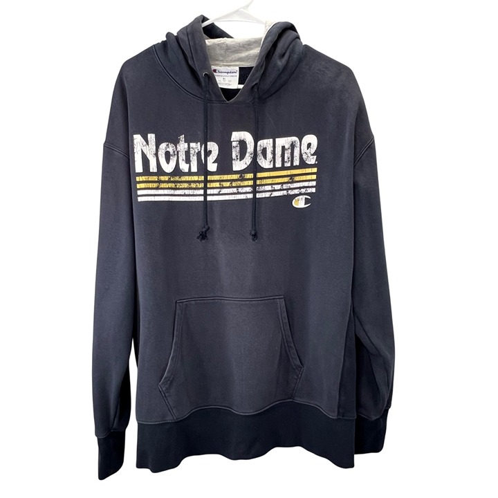 Champion Notre Dame Hoodie Sweatshirt XL Blue Pullover Stripes Logo Pocket