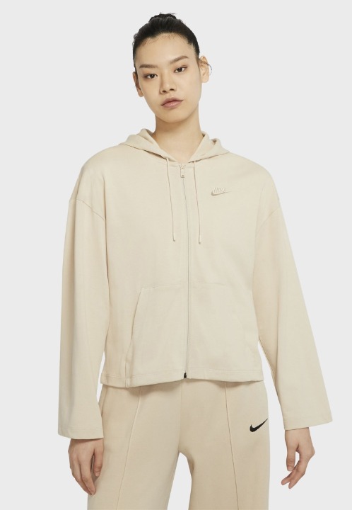 Nike Women's NSW Essential Beige 100% Cotton Full-Zip Loose Fit Hoodie Medium