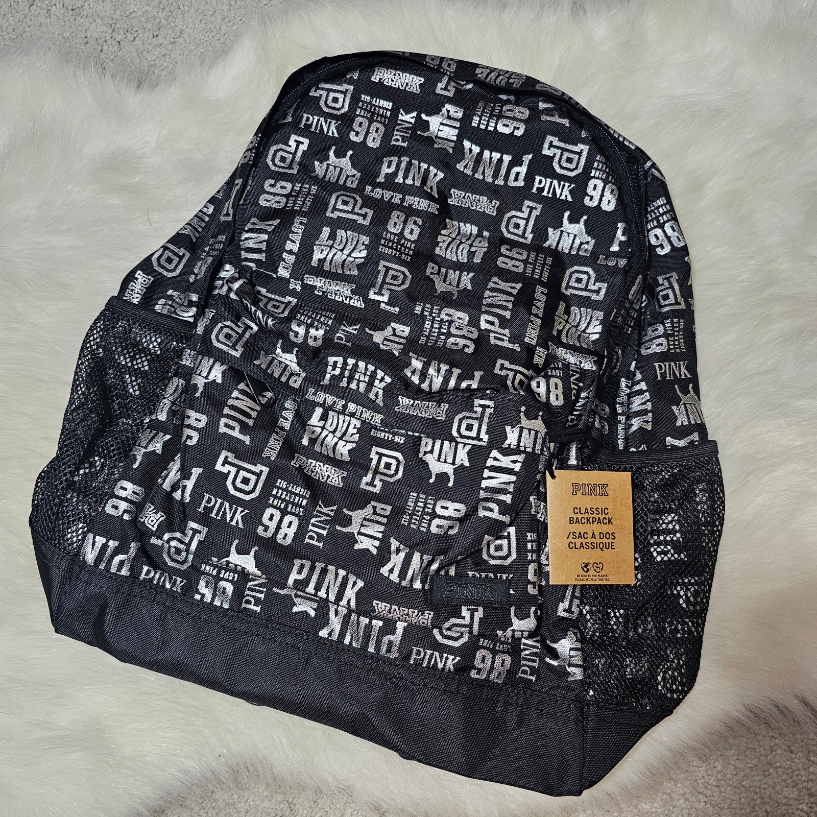 NWT VS PINK Black Silver Foil Logo Classic Backpack 2022