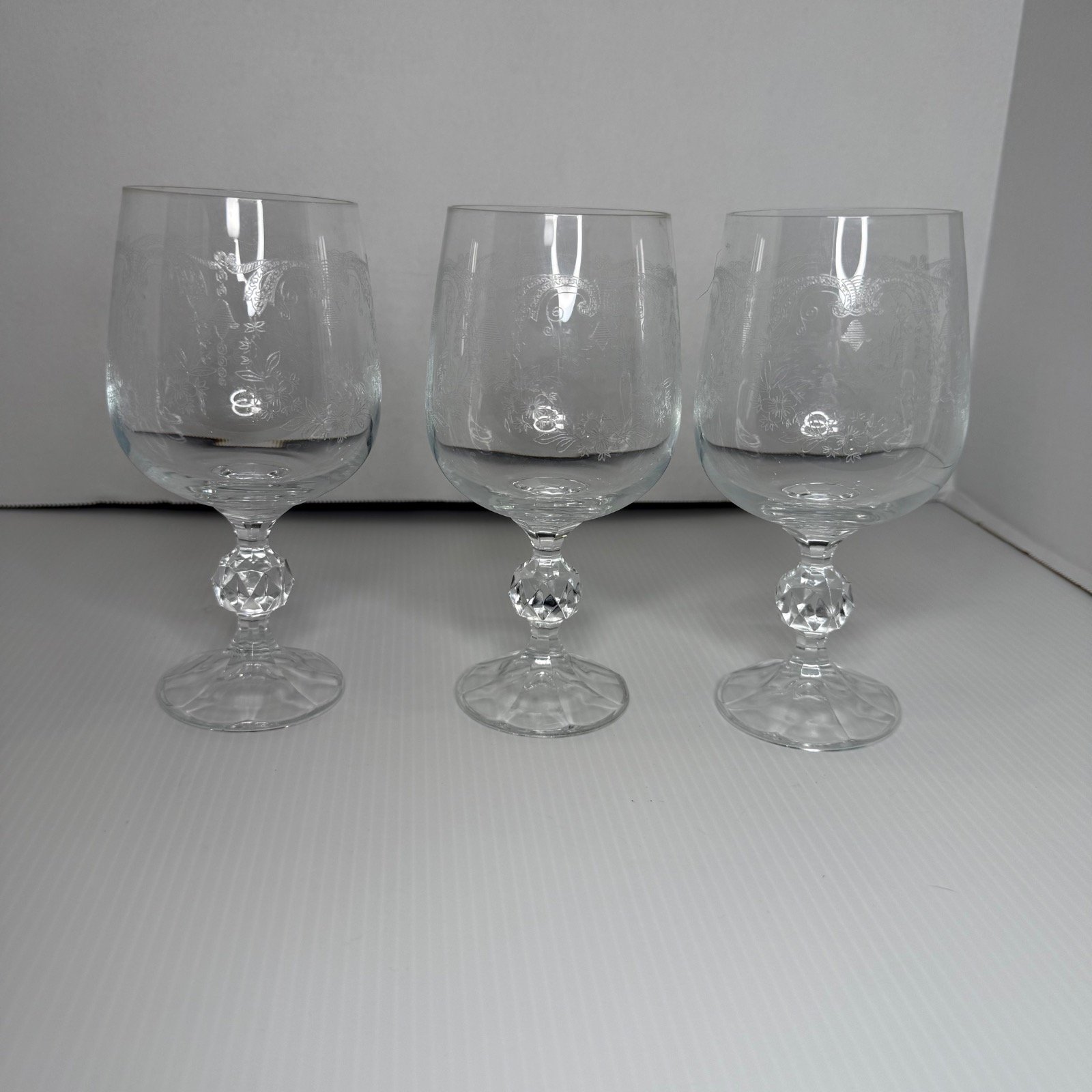 Bohemia Czechoslovakia (Czech) Crystal Etched Goblet Set Of 3 wine Glasses 6.5