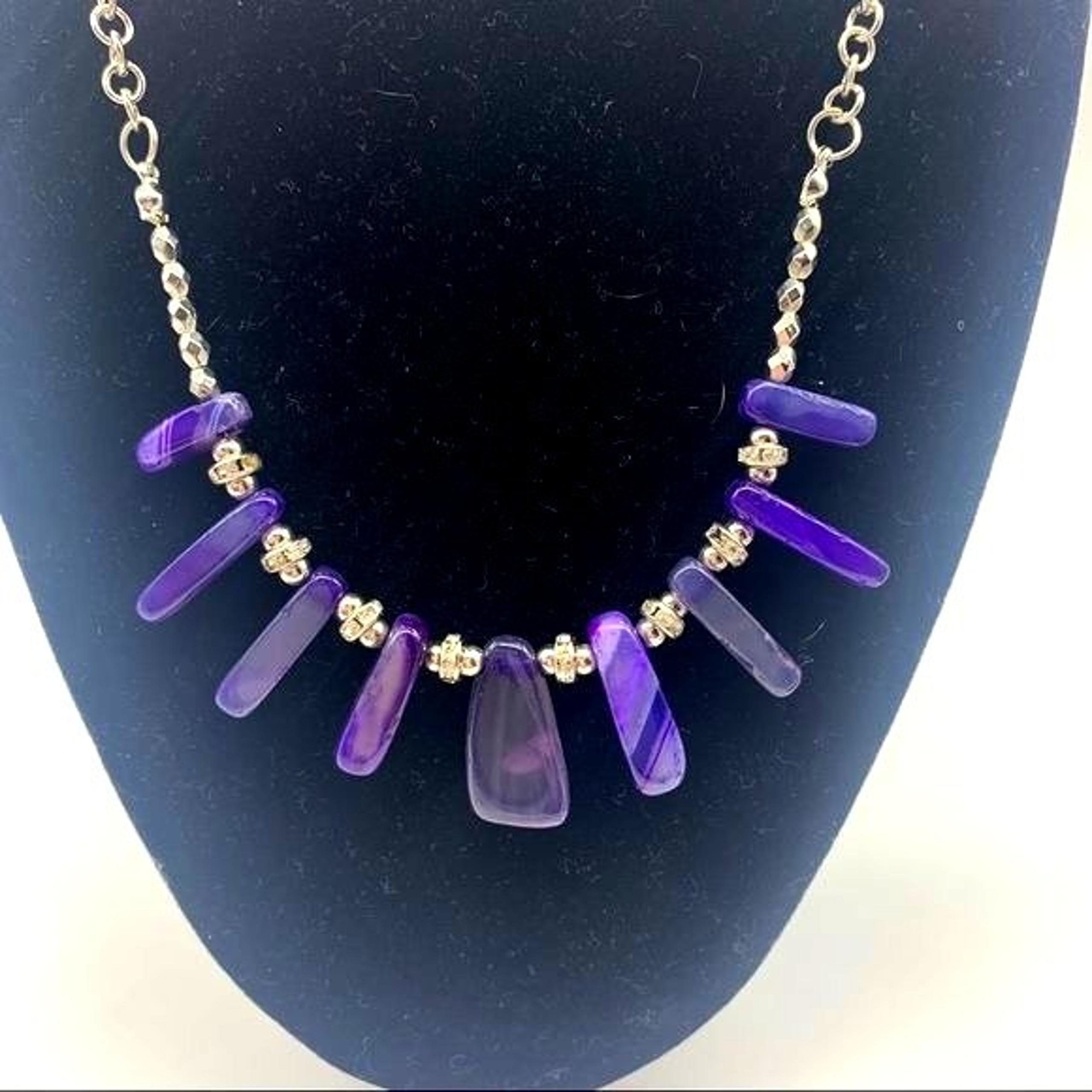 Purple Semi Precious Stones Shards Statement Necklace on Silver Chain Luxury