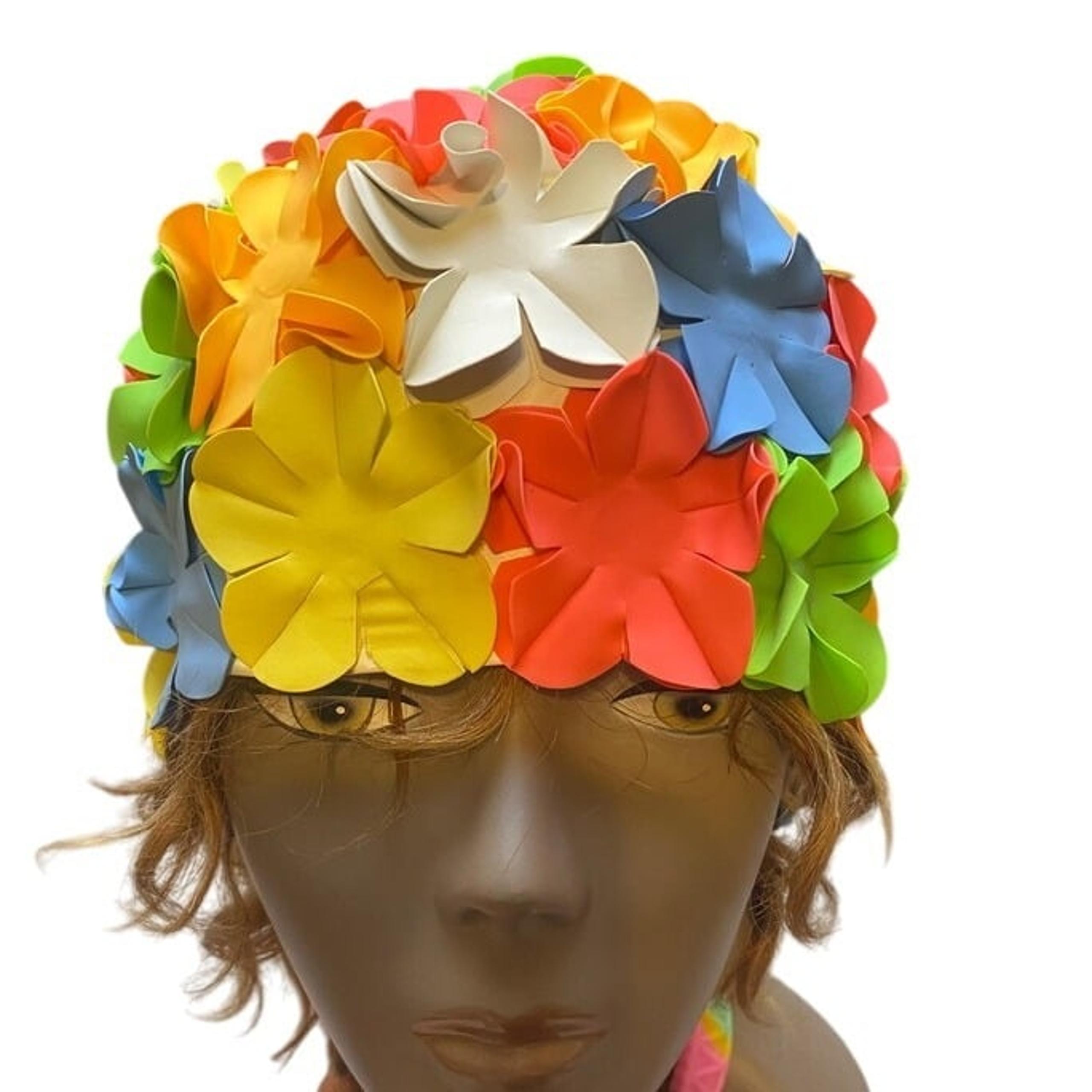 Vintage Floral Swim Cap Adult Colorful Retro Flower Power Rubber 1950-60s Ladies