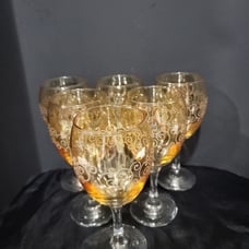 Set Of Six Amber Yellow Embossed Scroll Pattern Wine Glasses