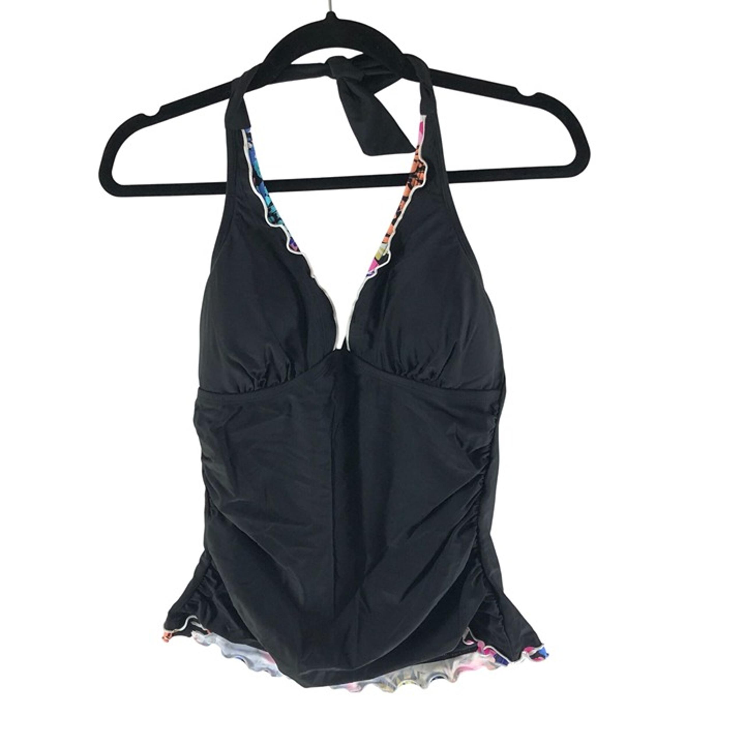 Island Escape Tankini Top Contrast Trim Halter Ruffle Black 14