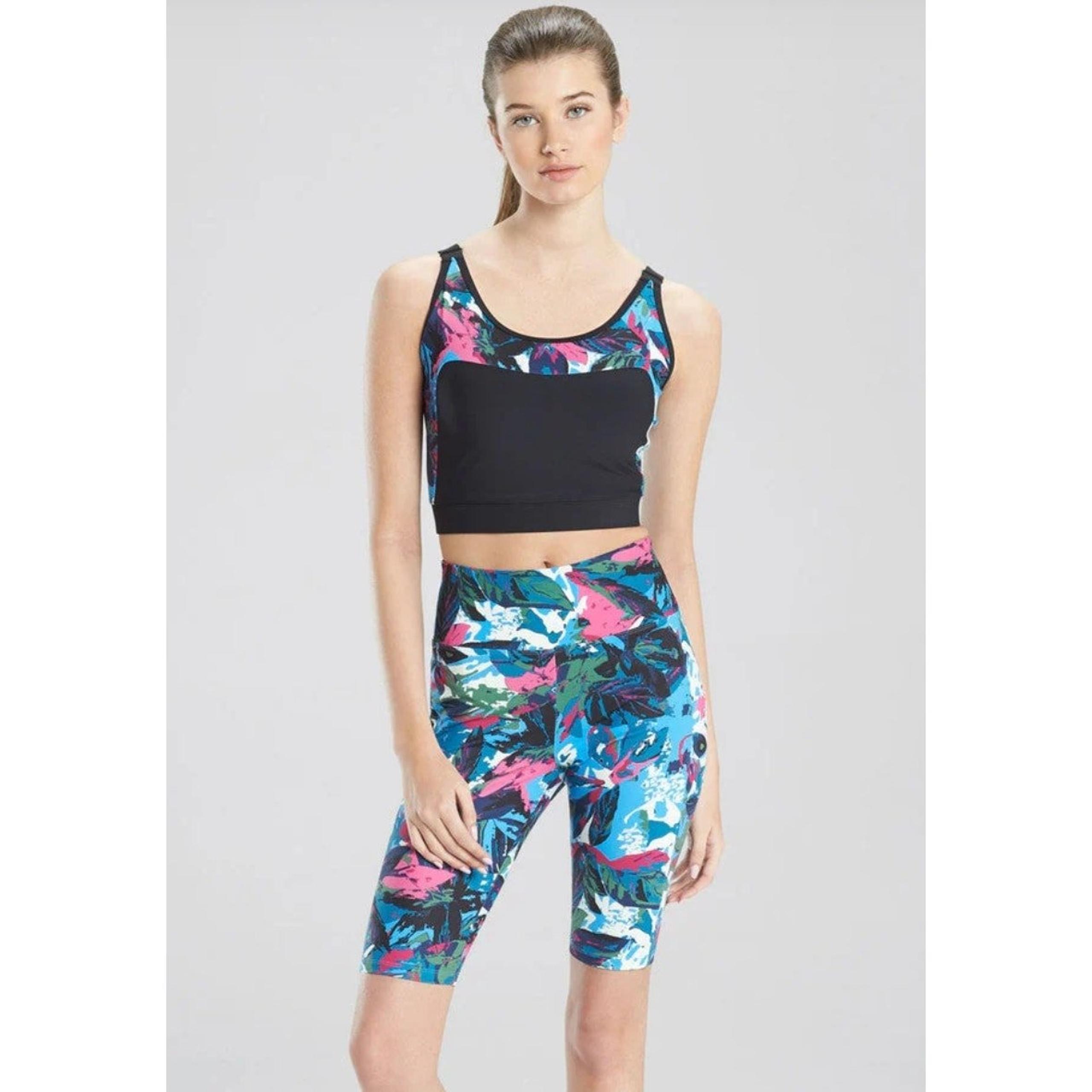 JOSIE NATORI Active Solstice Cropped Cami Top Black Floral Medium NWT