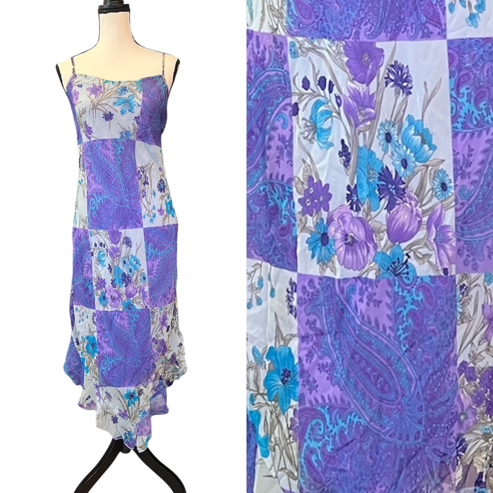 Vintage Rampage Floral Paisley Patchwork Open Back Asymmetrical Slip Dress