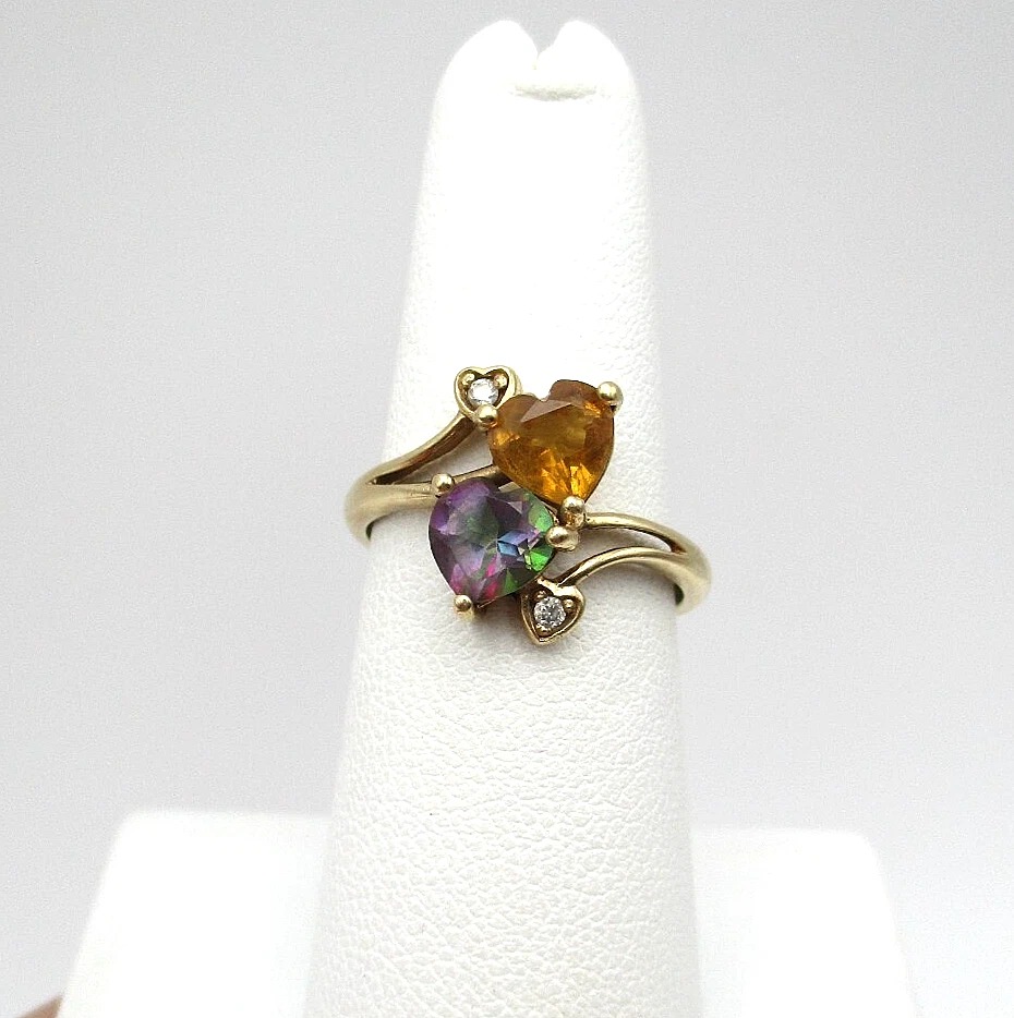 10K Yellow Gold Citrine Mystic Topaz Diamond Heart Ring Size 7 [R324]