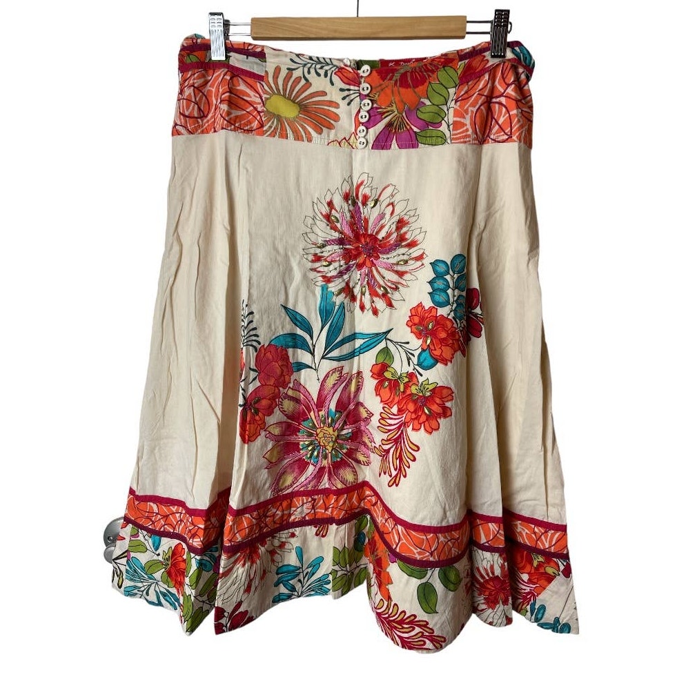 K Derhy Ivory Multi Floral Print Flare Skirt Women's Size M