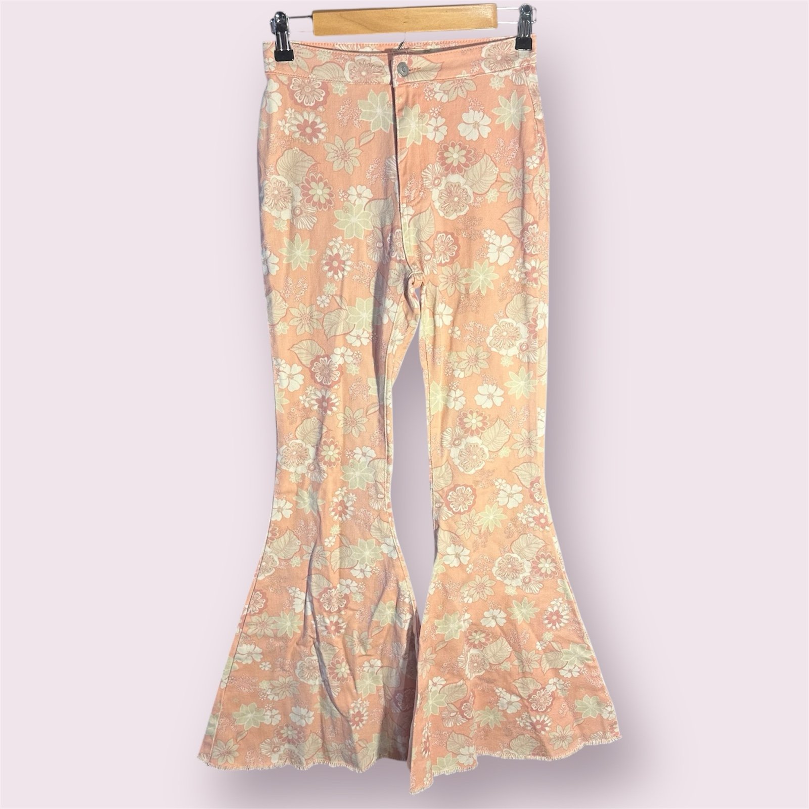 Altar'd State Denim Pants Womens S Floral Bell Bottom Ultra Flared Cream Boho