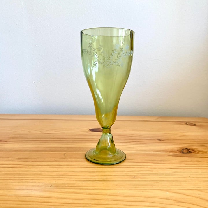 Antique Glassware Green Glass Cup Stemmed Blown Glass Etched One of a Kind!