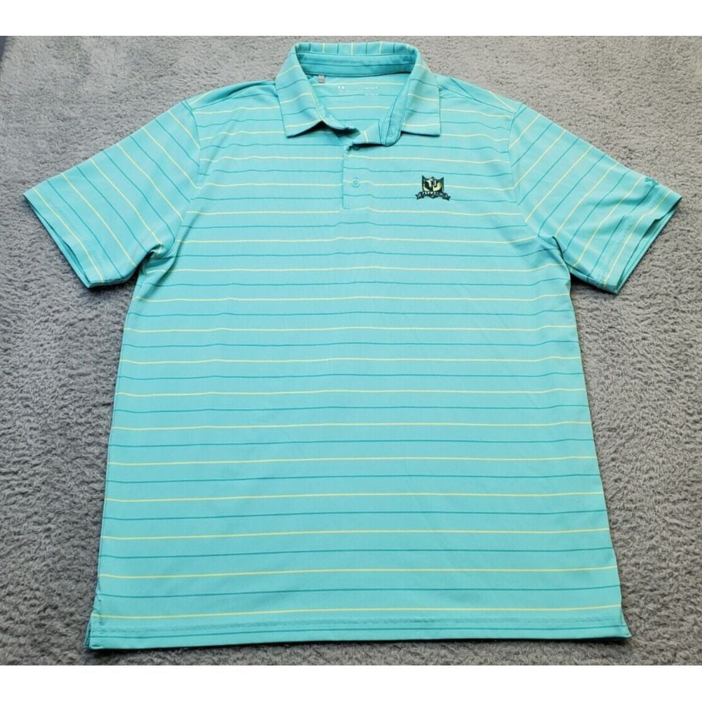 Under armour Polo Shirt Men's Large Blue Striped Heat Gear Short Sleeve Collared
