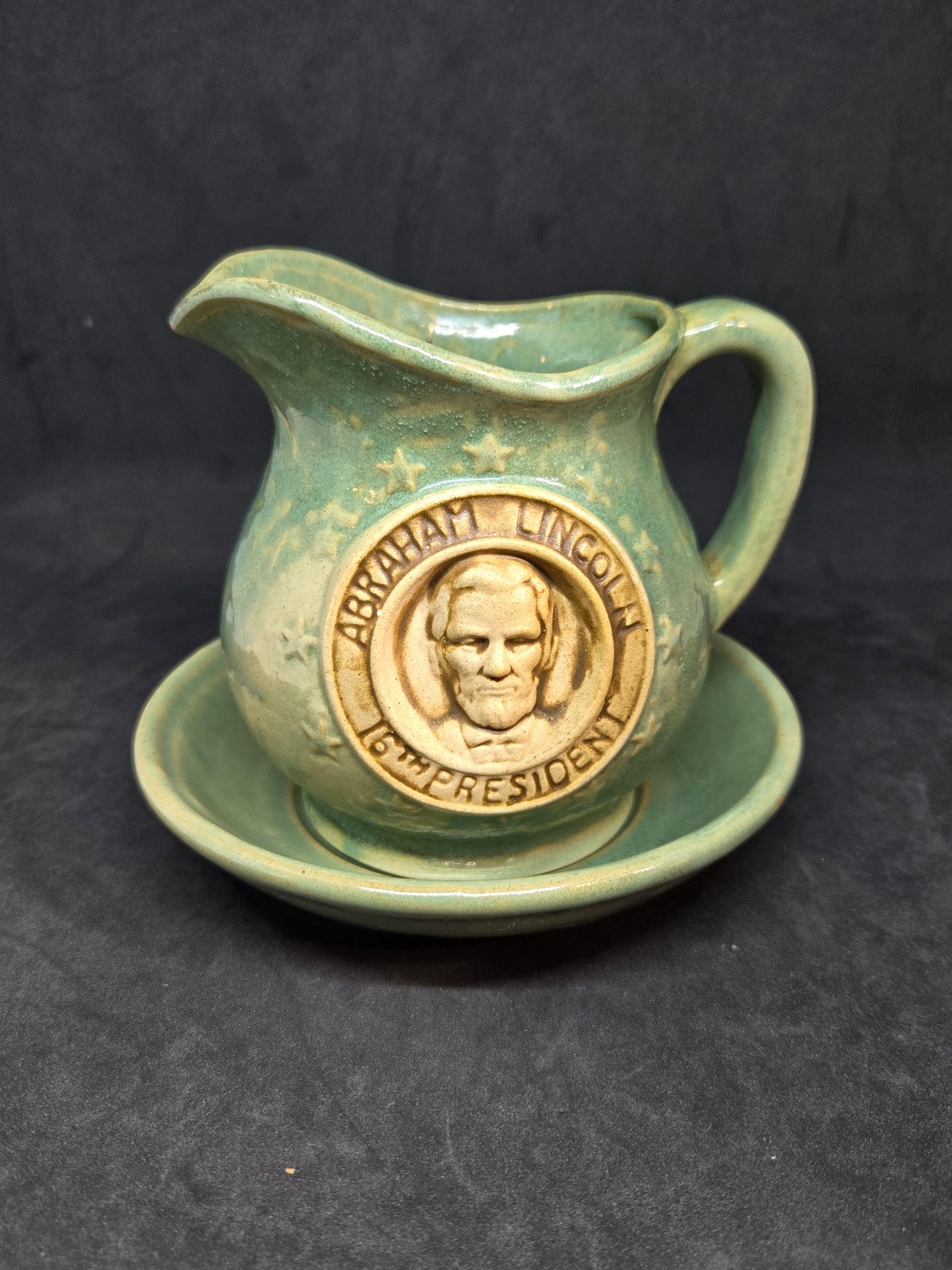 Vtg Enesco Abraham Lincoln Green Glazed Pitcher with Underplate